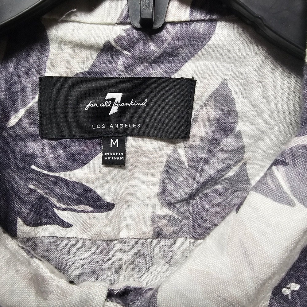 7 For All Mankind Men 100% Linen Tropical Floral Short Sleeve Shirt White Purple - Picture 3 of 10